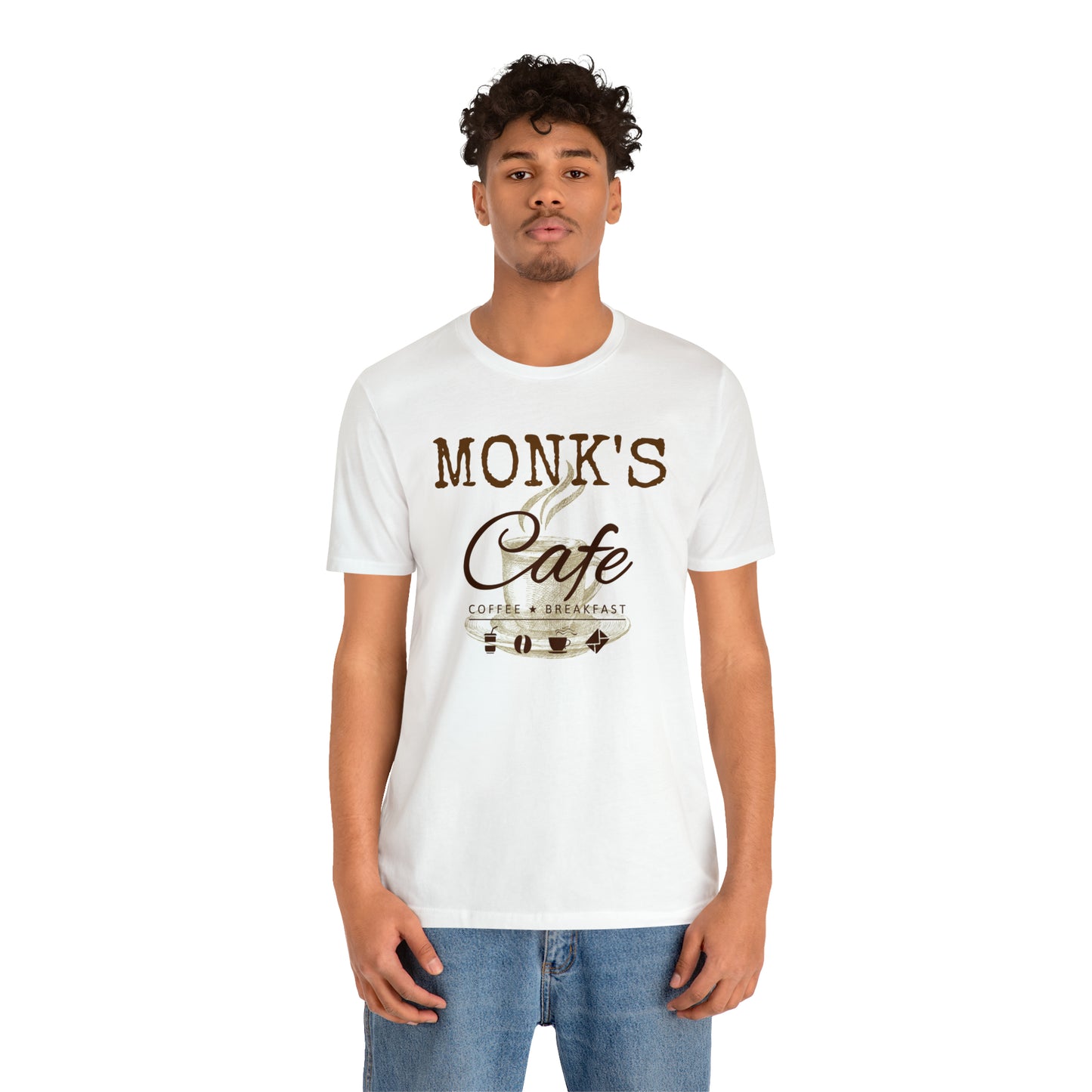 Unisex Jersey Short Sleeve Tee Seinfeld TV Show "Monk's Cafe"