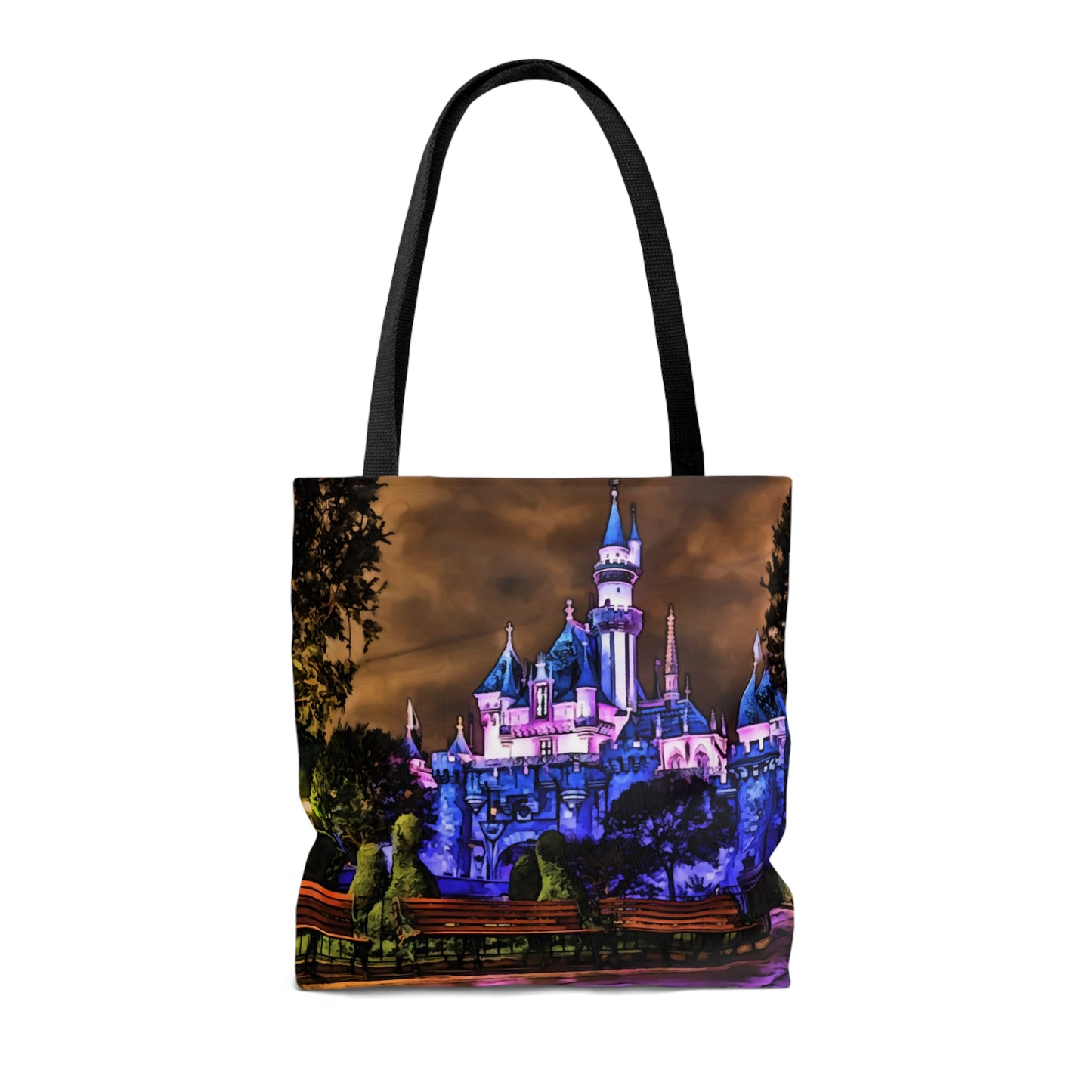 AOP Tote Bag Painting of Disneyland Sleeping Beauty Castle night Time.