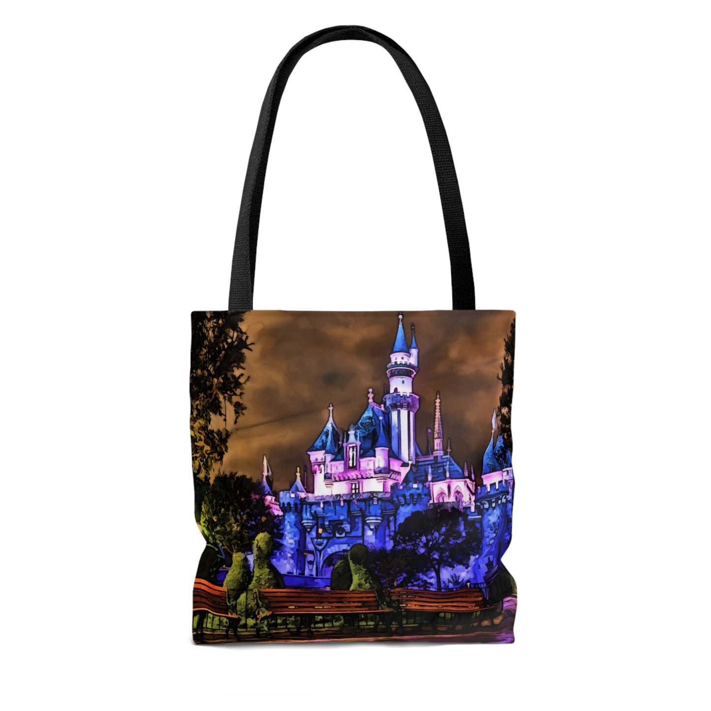 AOP Tote Bag Painting of Disneyland Sleeping Beauty Castle night Time.