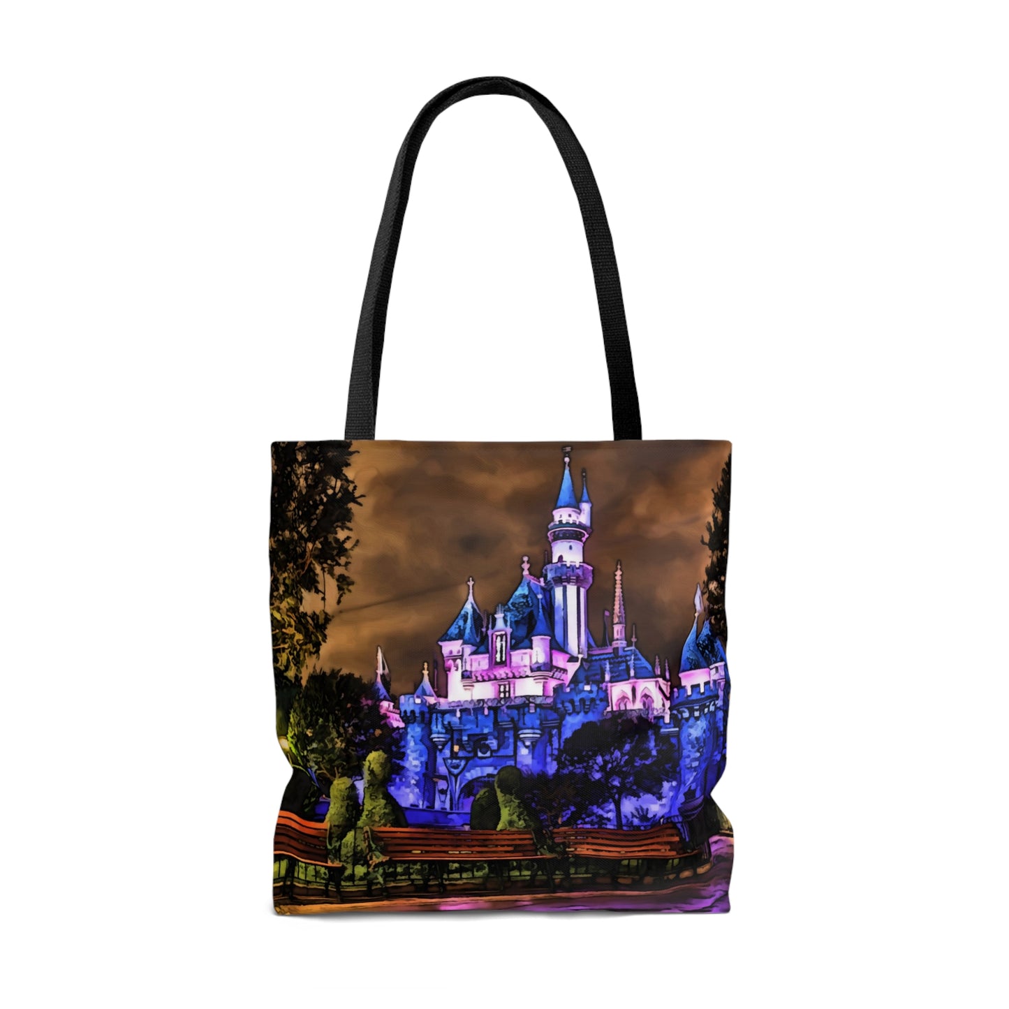 AOP Tote Bag Painting of Disneyland Sleeping Beauty Castle night Time.