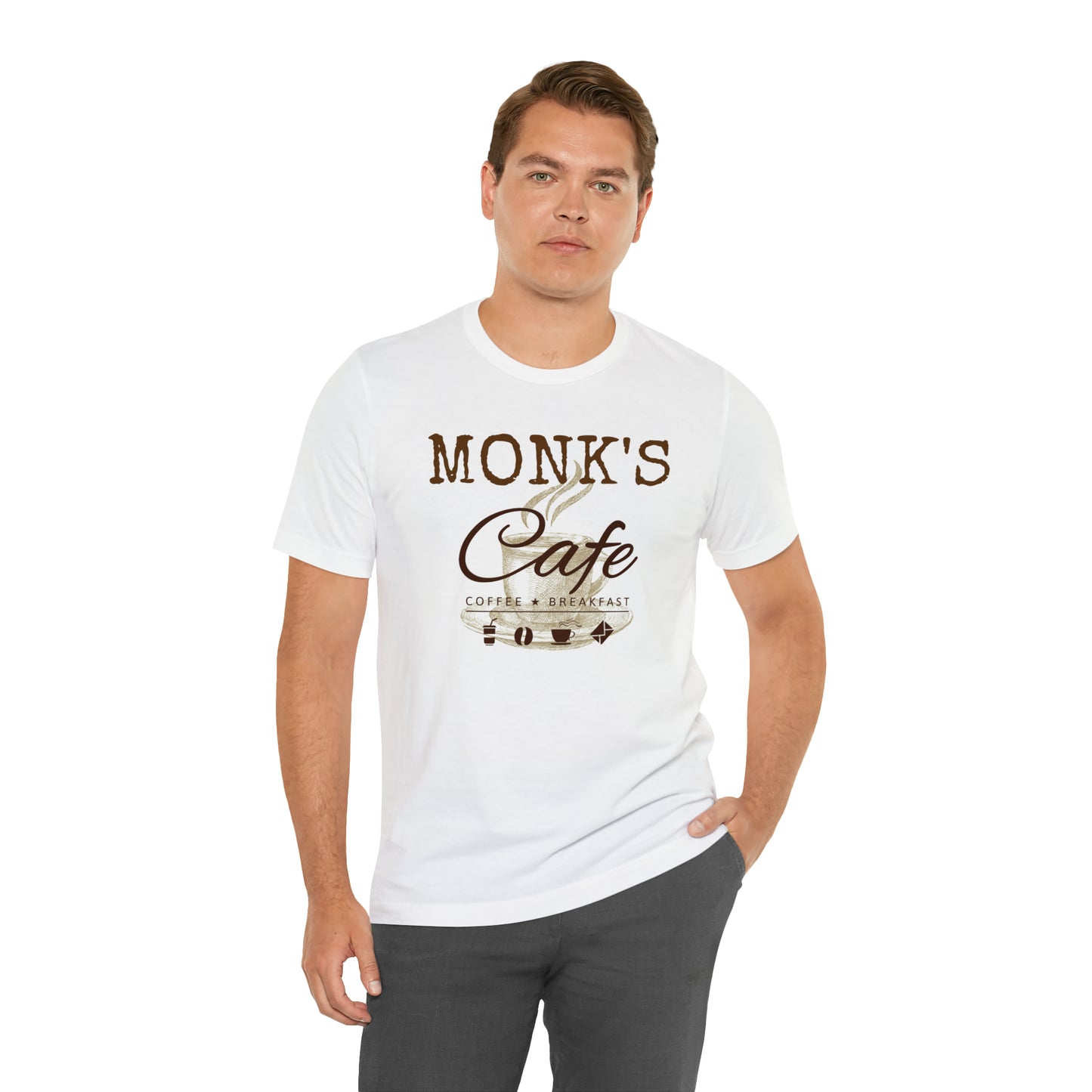 Unisex Jersey Short Sleeve Tee Seinfeld TV Show "Monk's Cafe"