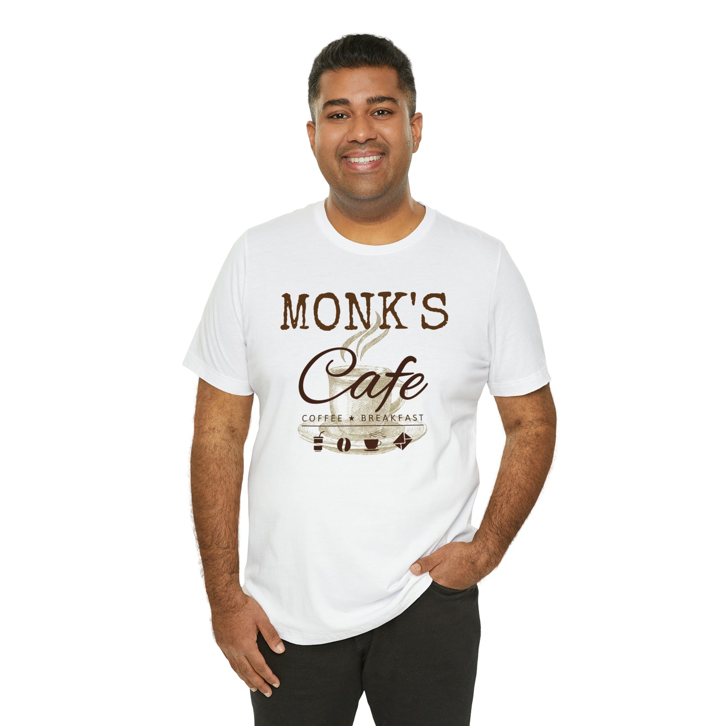 Unisex Jersey Short Sleeve Tee Seinfeld TV Show "Monk's Cafe"