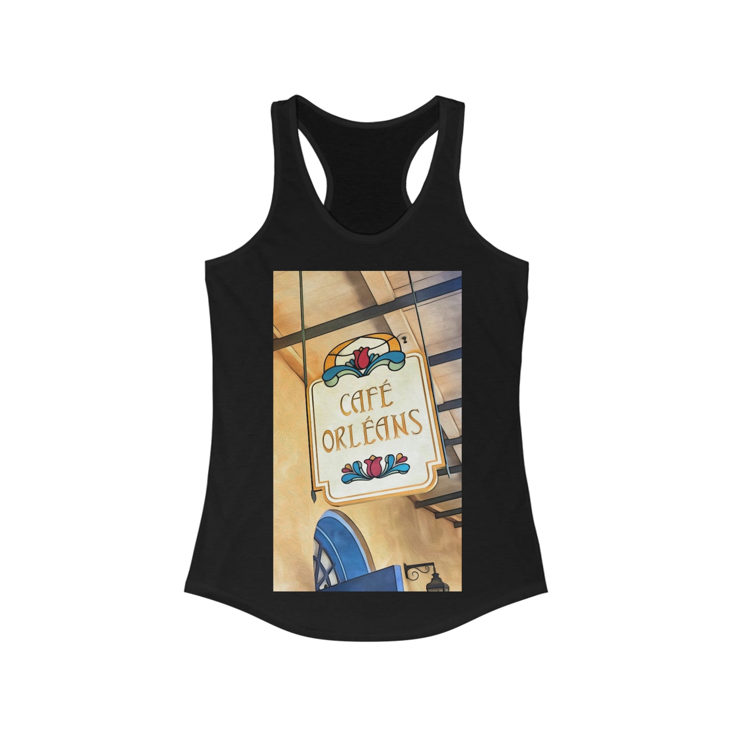 Women's Ideal Racerback Tank Painting of Disneyland Cafe Orleans restaurant