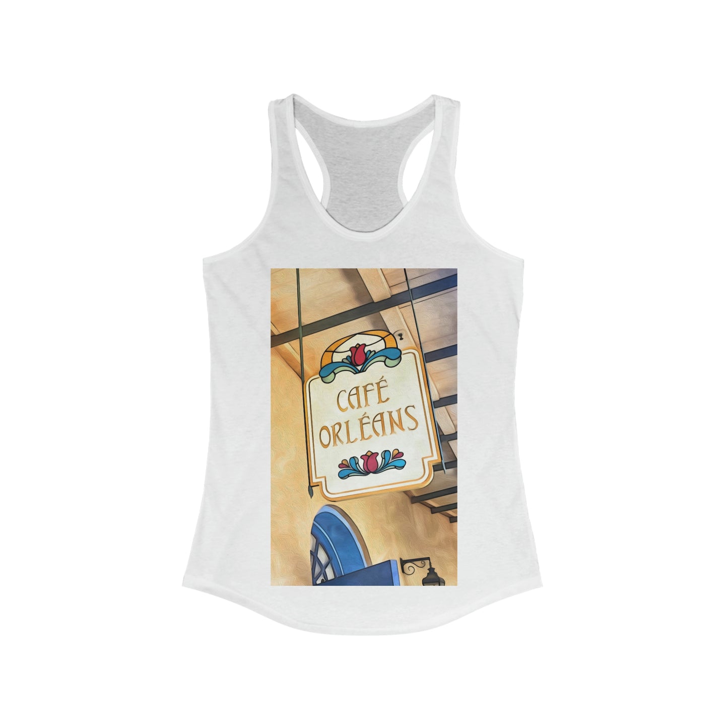 Women's Ideal Racerback Tank Painting of Disneyland Cafe Orleans restaurant