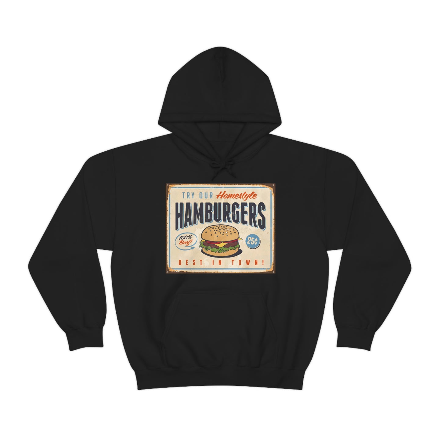 Unisex Heavy Blend™ Hooded Sweatshirt Vintage Metal Sign Our Homestyle Hamburger