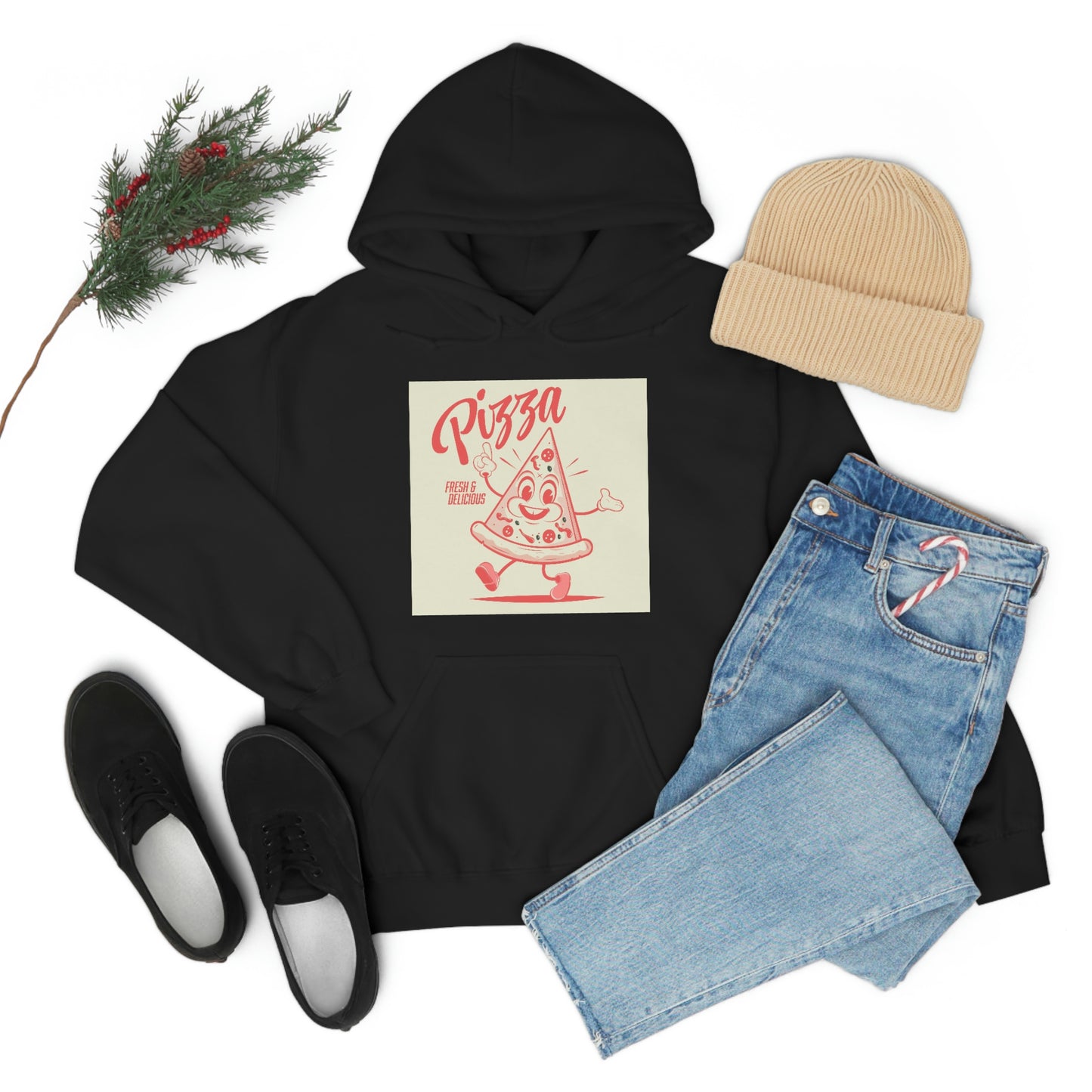 Unisex Heavy Blend™ Hooded Sweatshirt funny walking cartoon pizza in retro