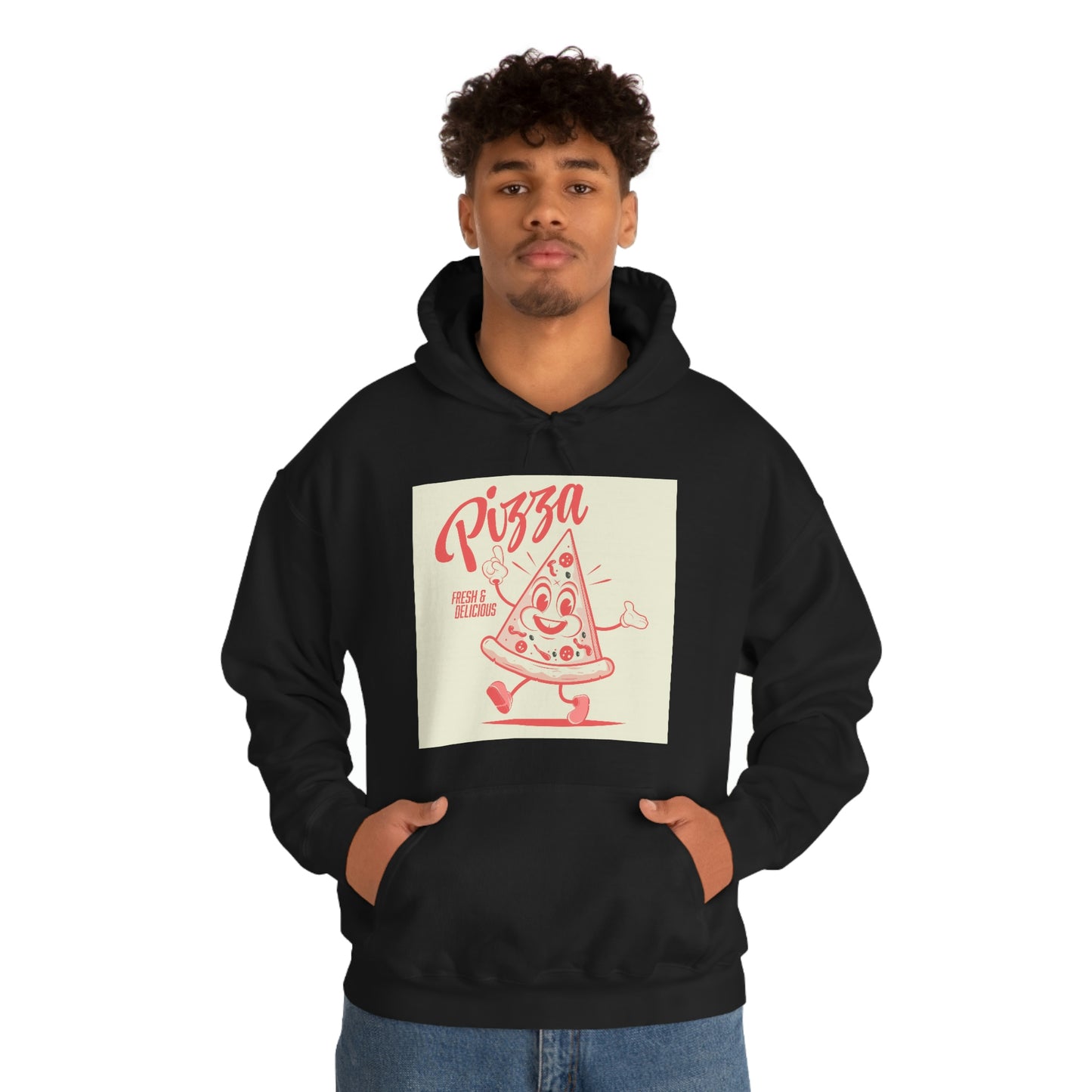 Unisex Heavy Blend™ Hooded Sweatshirt funny walking cartoon pizza in retro