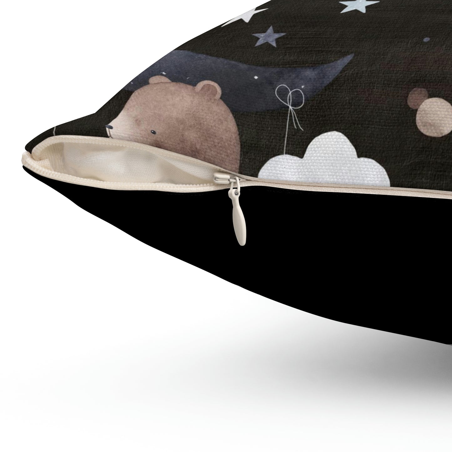 Spun Polyester Square Pillow A cute bear cub flies in space among the stars