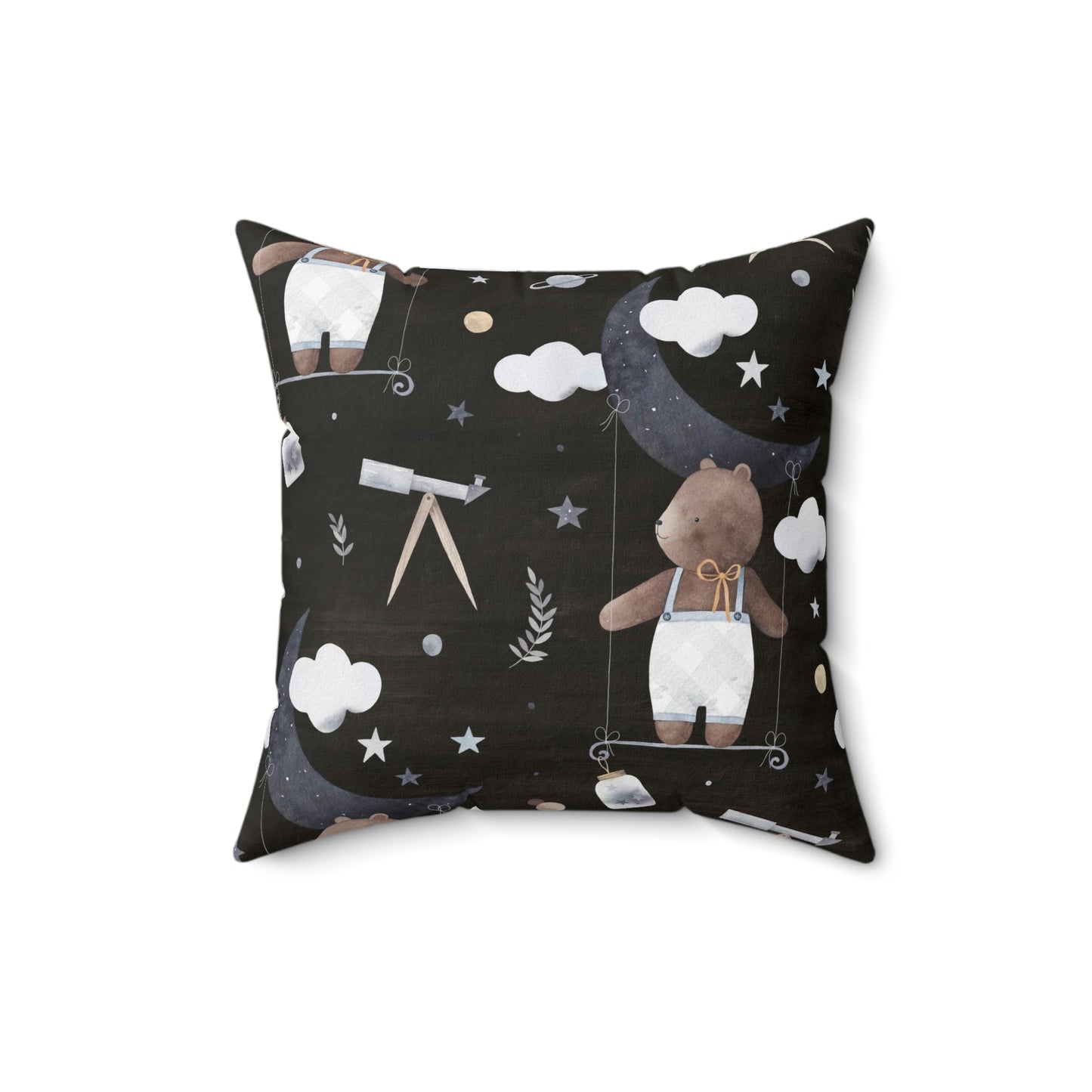 Spun Polyester Square Pillow A cute bear cub flies in space among the stars