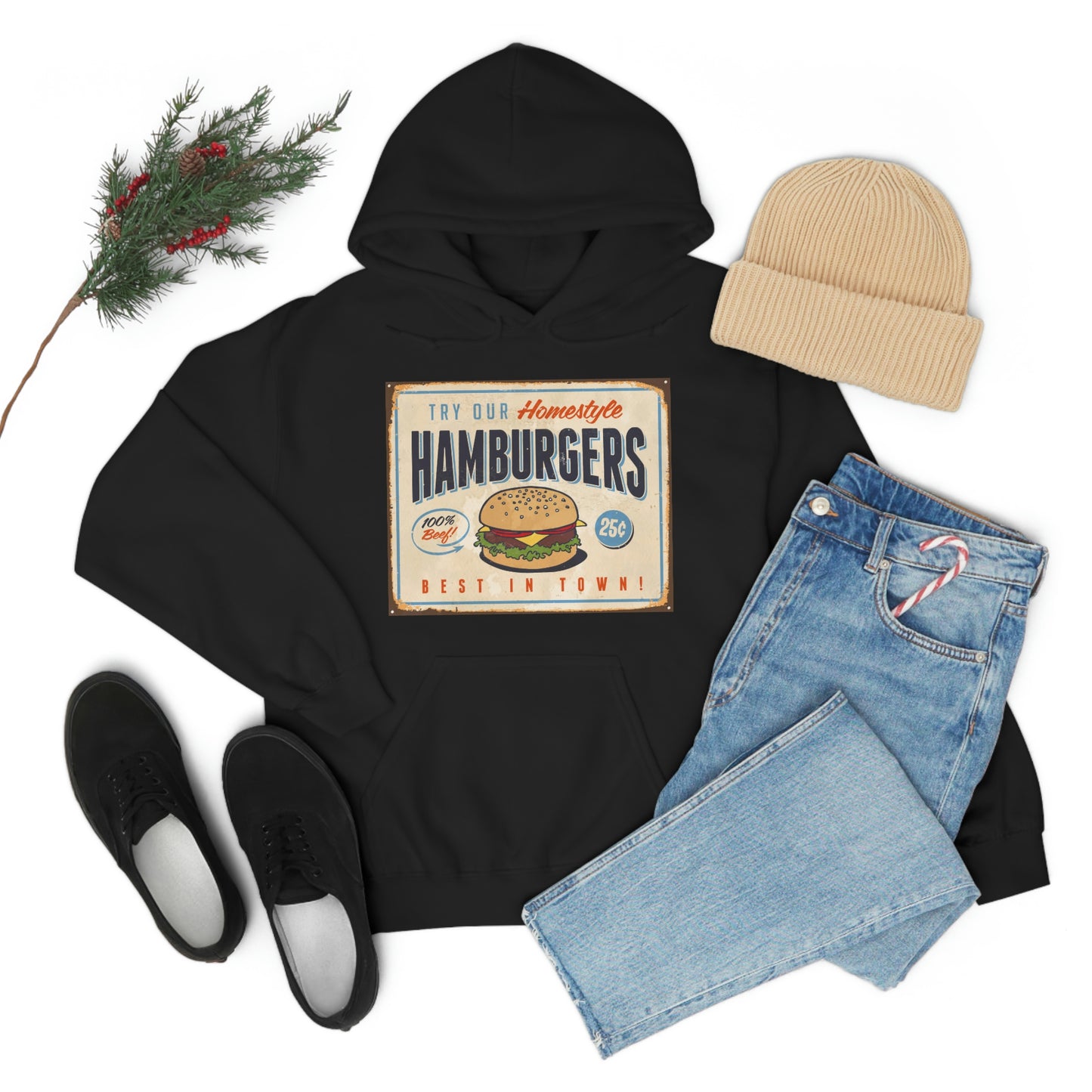 Unisex Heavy Blend™ Hooded Sweatshirt Vintage Metal Sign Our Homestyle Hamburger