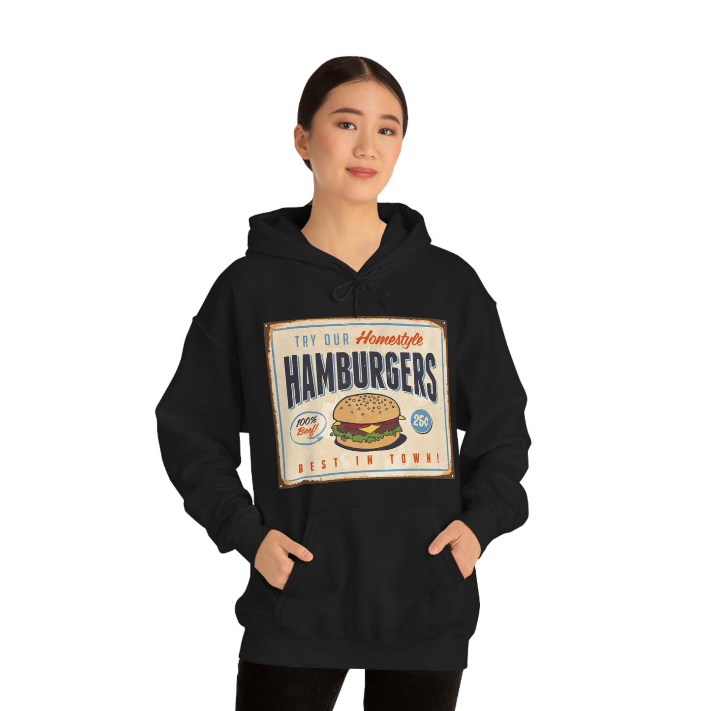 Unisex Heavy Blend™ Hooded Sweatshirt Vintage Metal Sign Our Homestyle Hamburger