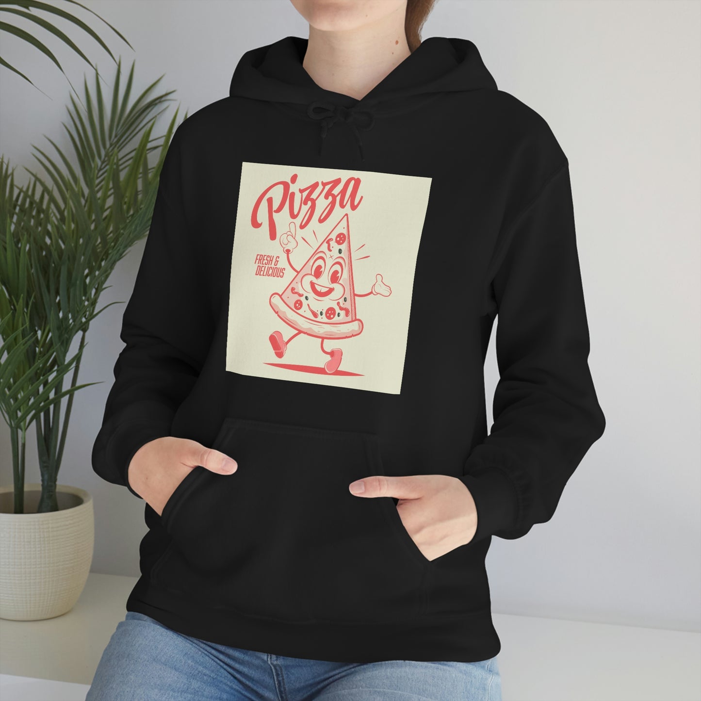 Unisex Heavy Blend™ Hooded Sweatshirt funny walking cartoon pizza in retro