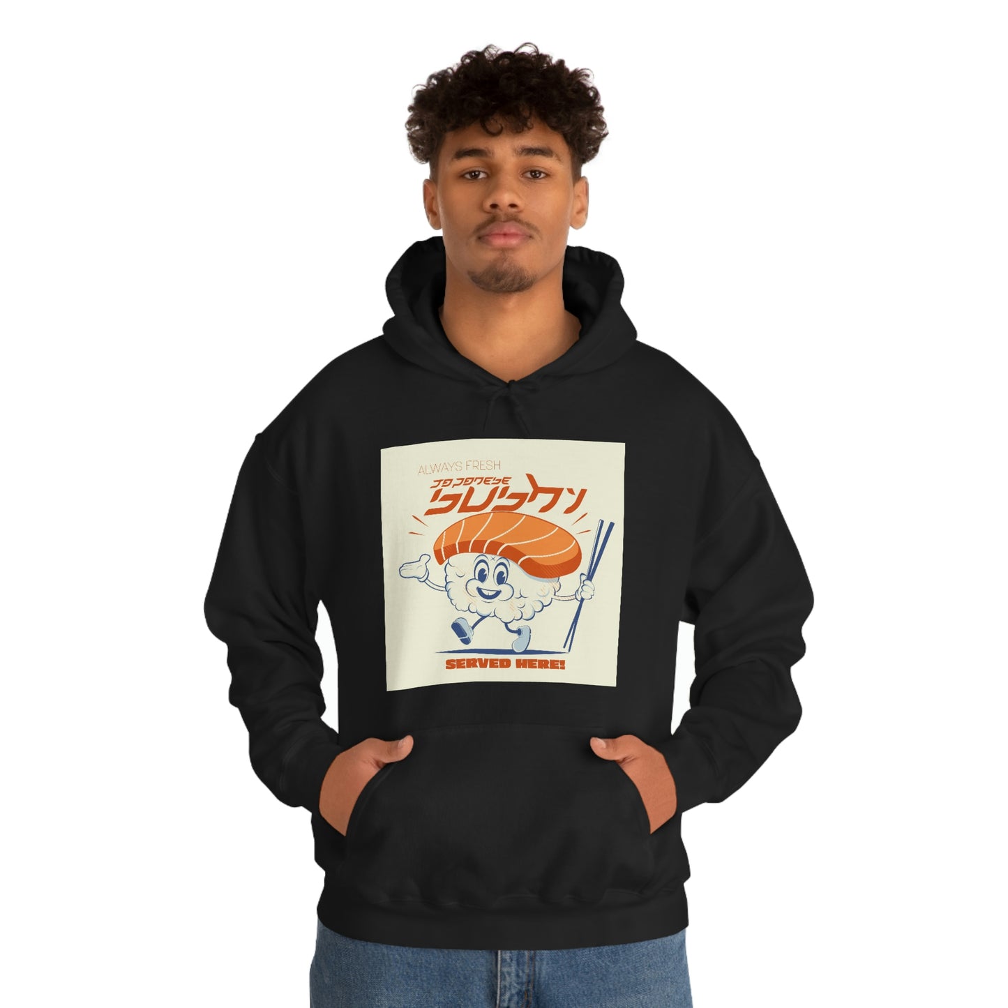 Unisex Heavy Blend™ Hooded Sweatshirt retro logo of a cartoon sushi mascot