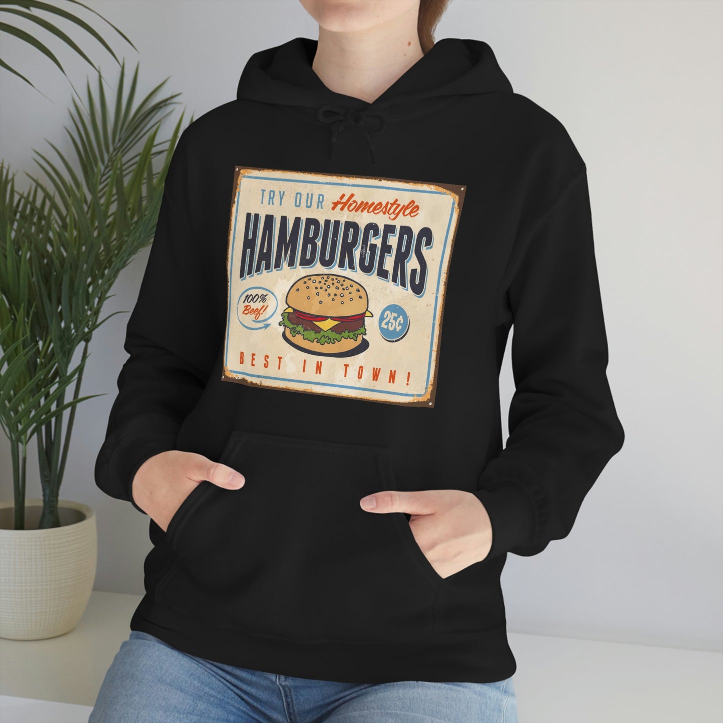 Unisex Heavy Blend™ Hooded Sweatshirt Vintage Metal Sign Our Homestyle Hamburger