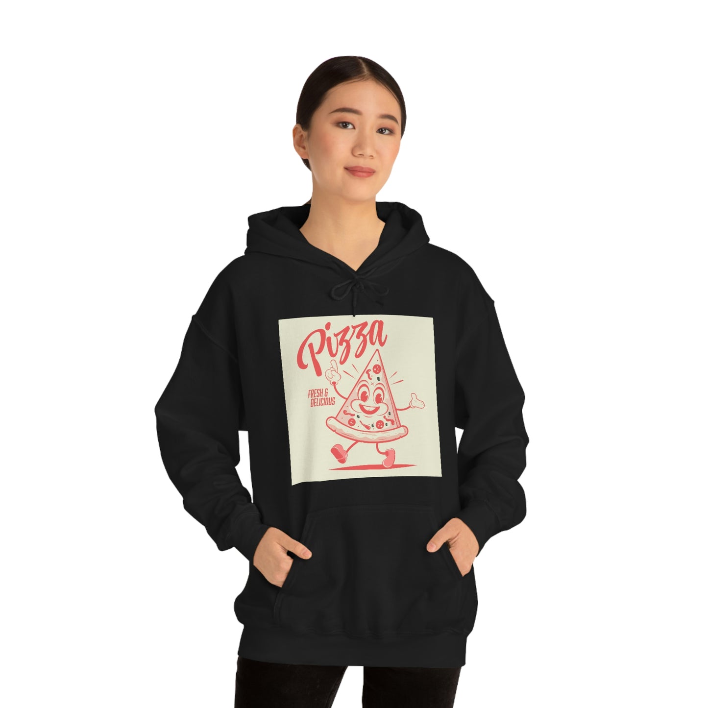Unisex Heavy Blend™ Hooded Sweatshirt funny walking cartoon pizza in retro