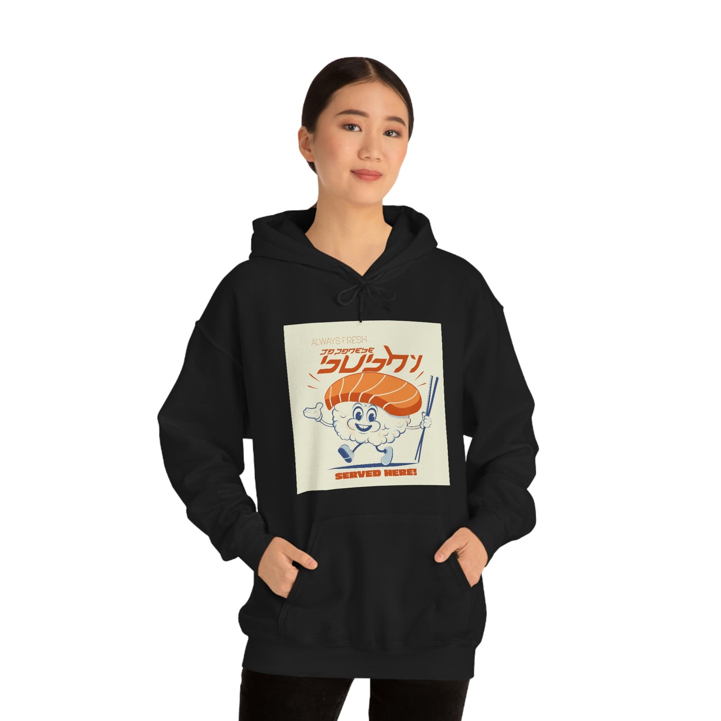 Unisex Heavy Blend™ Hooded Sweatshirt retro logo of a cartoon sushi mascot