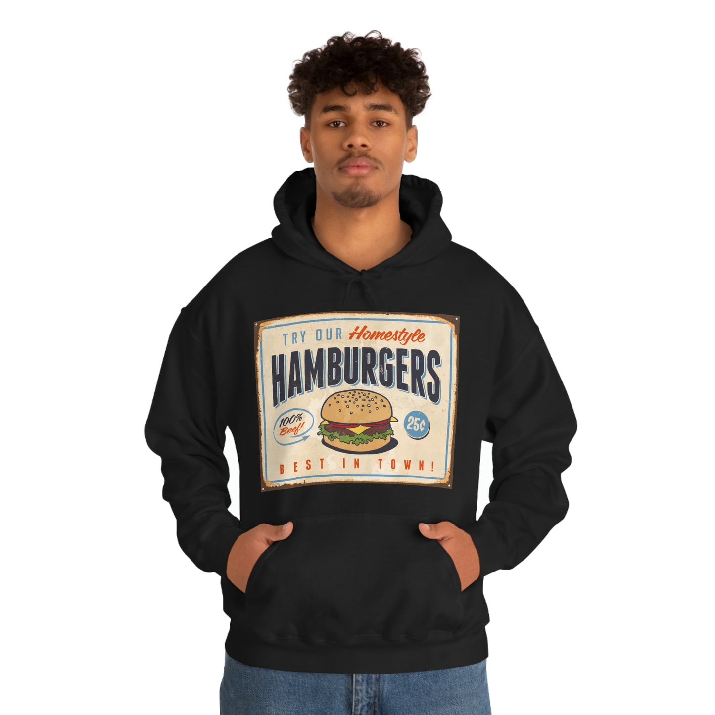 Unisex Heavy Blend™ Hooded Sweatshirt Vintage Metal Sign Our Homestyle Hamburger