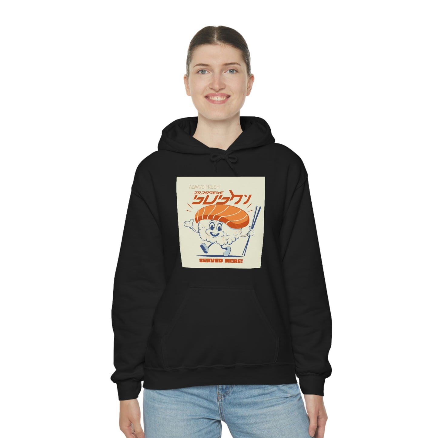 Unisex Heavy Blend™ Hooded Sweatshirt retro logo of a cartoon sushi mascot