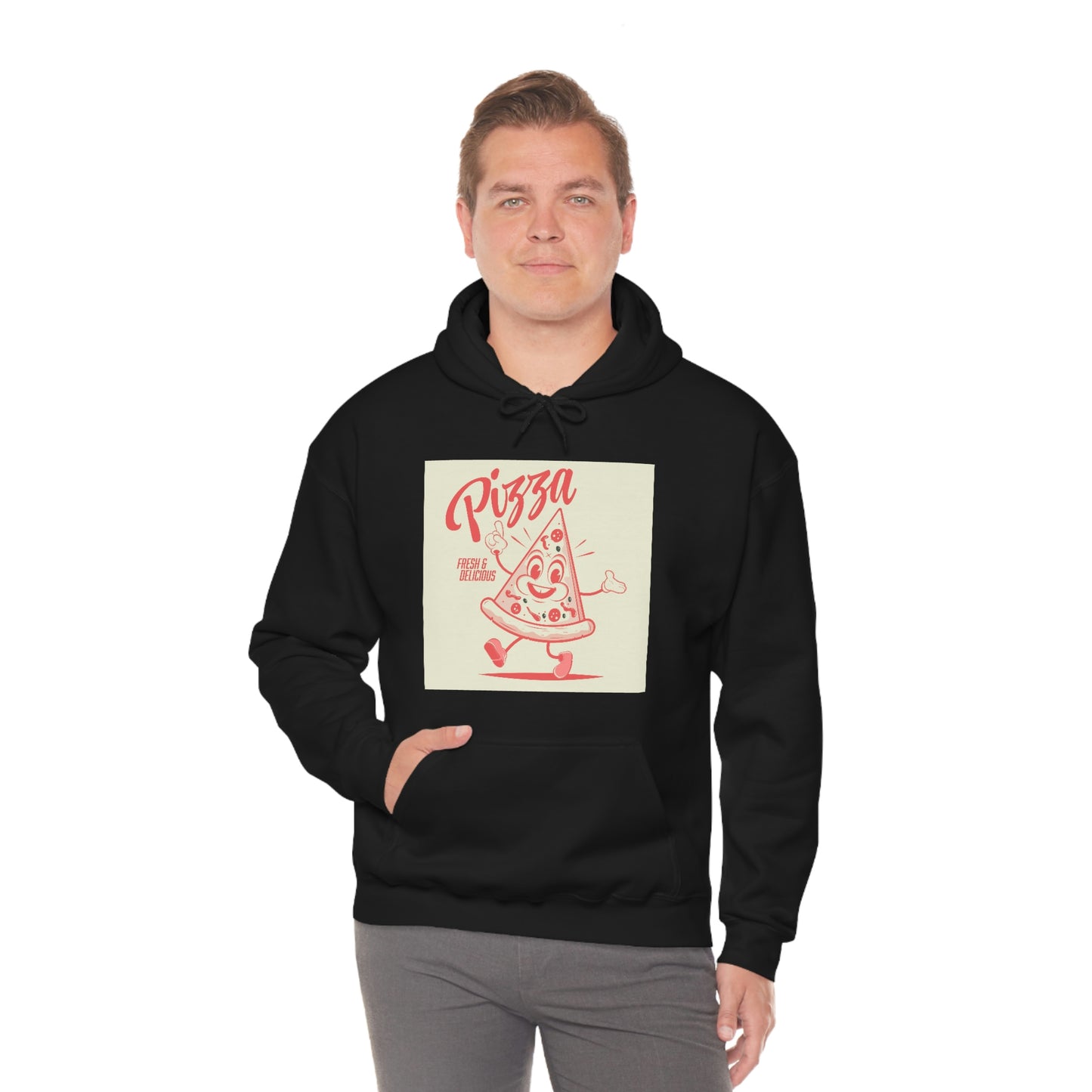 Unisex Heavy Blend™ Hooded Sweatshirt funny walking cartoon pizza in retro