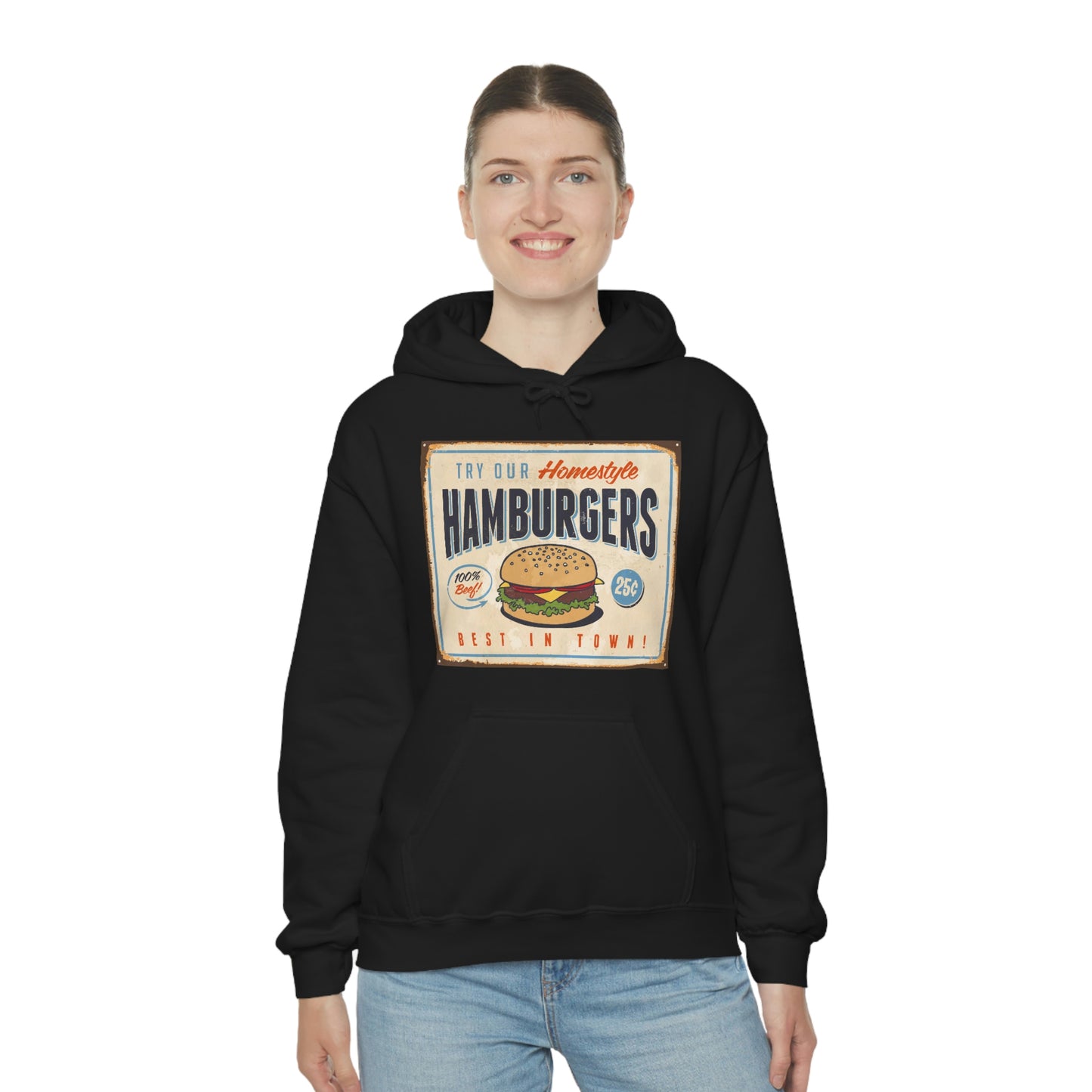 Unisex Heavy Blend™ Hooded Sweatshirt Vintage Metal Sign Our Homestyle Hamburger
