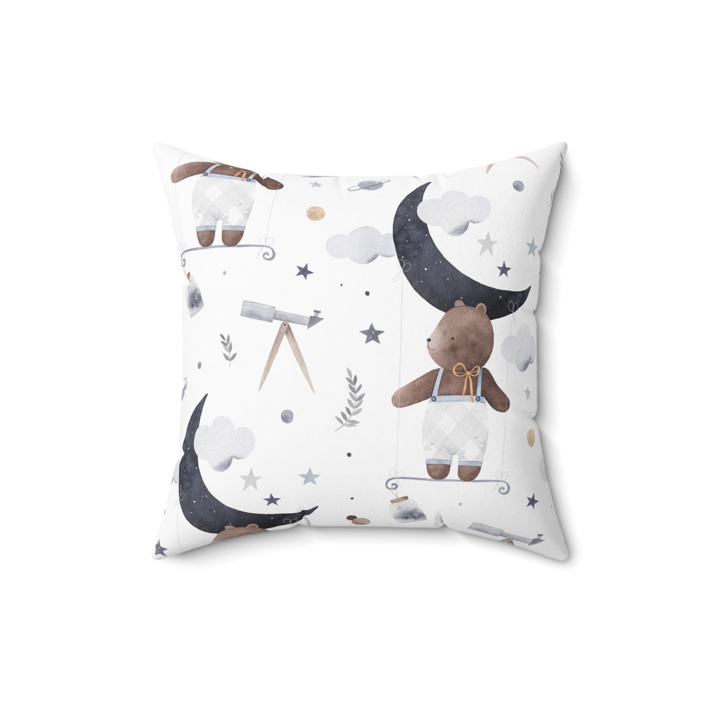 Spun Polyester Square Pillow A cute bear cub flies in space