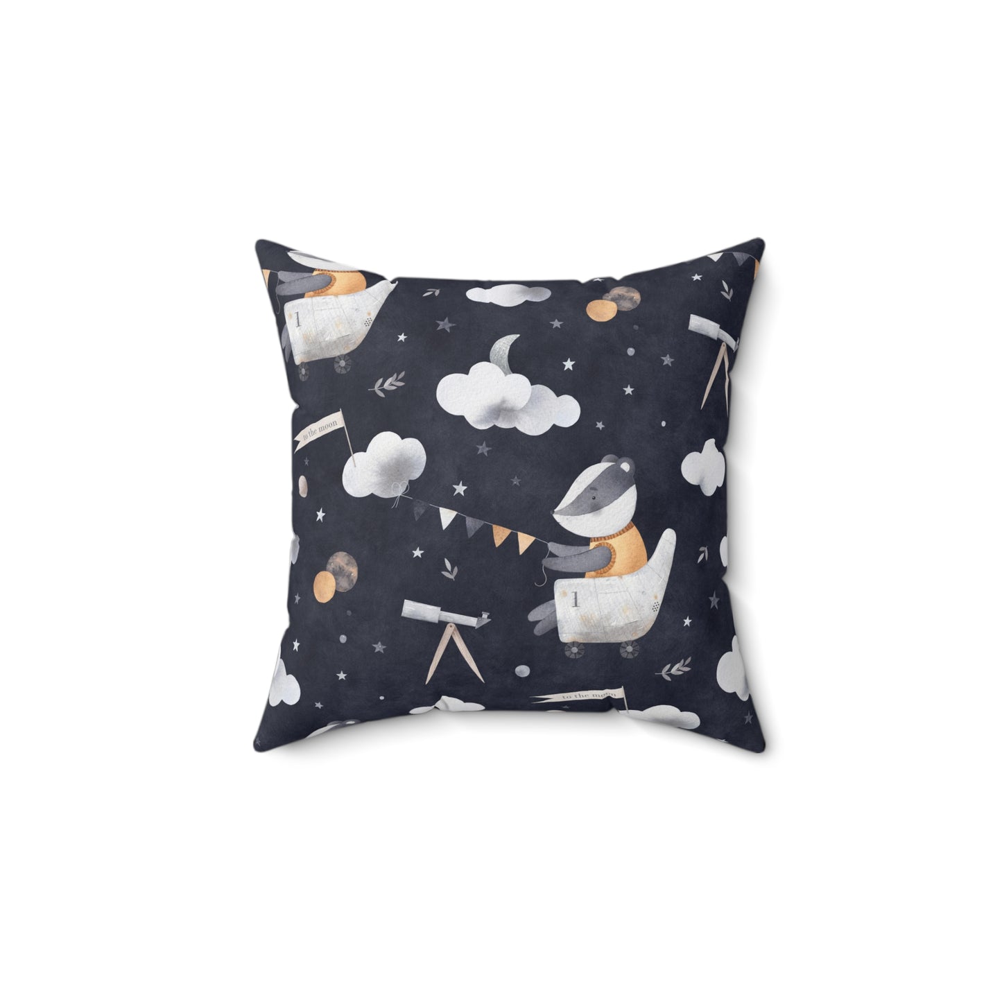 Spun Polyester Square Pillow A cute badger has an adventurous dream.
