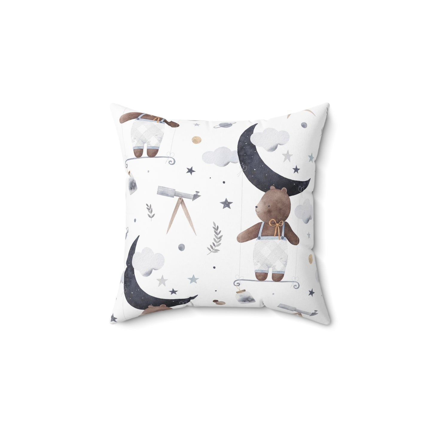 Spun Polyester Square Pillow A cute bear cub flies in space