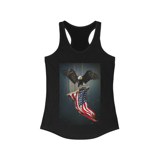 Women's Ideal Racerback Tank American Bald Eagle flying of america with flag
