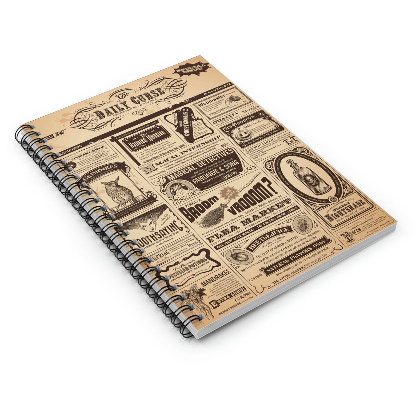 Spiral Notebook - Halloween newspaper with magical classifieds