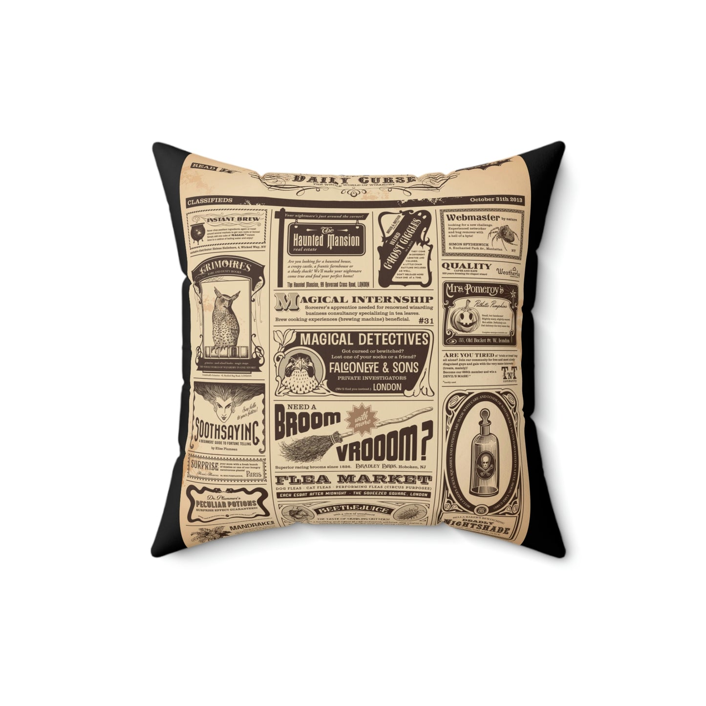 Spun Polyester Square Pillow Halloween newspaper with magical classifieds