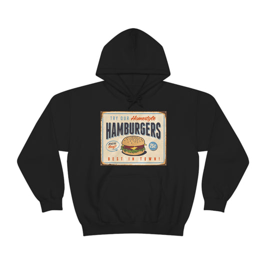 Unisex Heavy Blend™ Hooded Sweatshirt Vintage Metal Sign Our Homestyle Hamburger