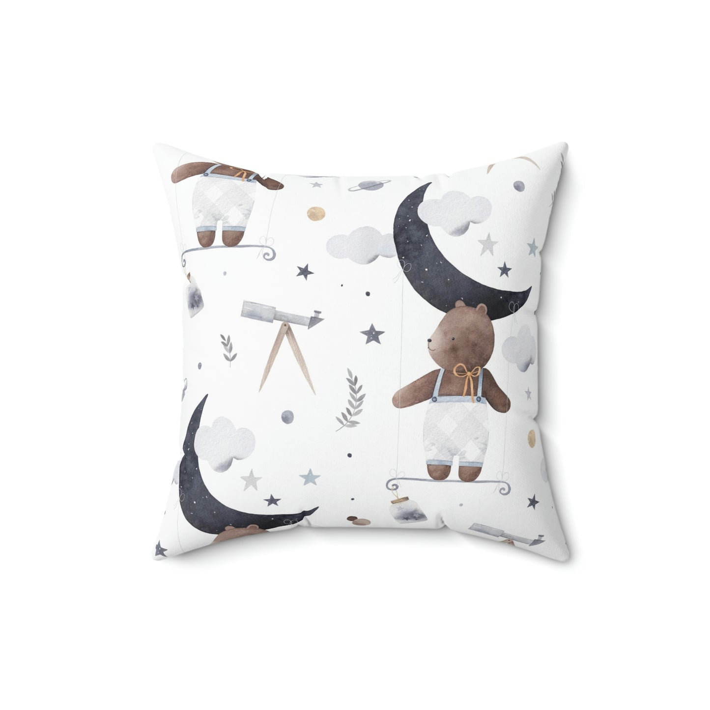 Spun Polyester Square Pillow A cute bear cub flies in space