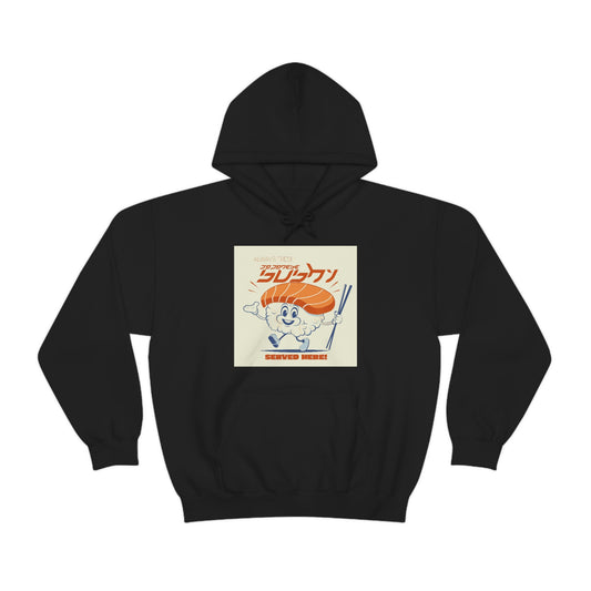 Unisex Heavy Blend™ Hooded Sweatshirt retro logo of a cartoon sushi mascot