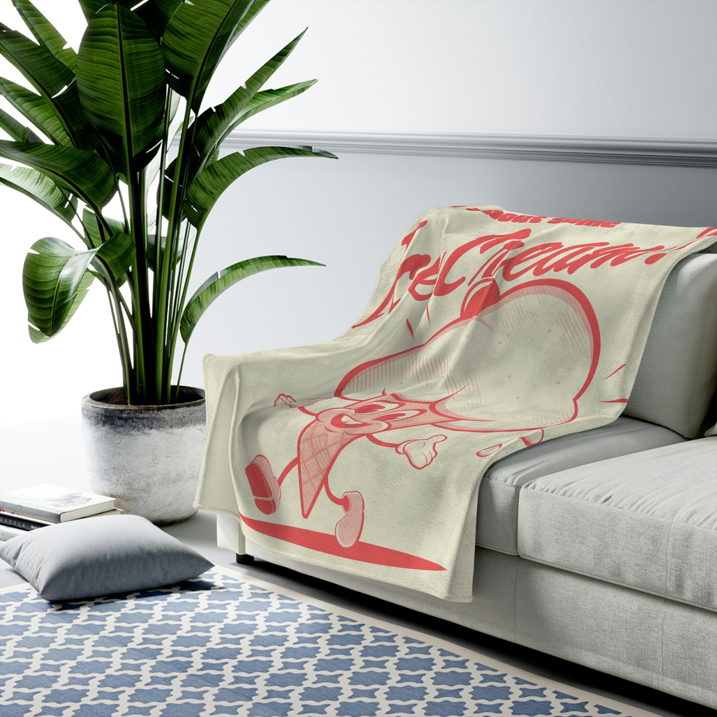 Velveteen Plush Blanket retro cartoon illustration of a happy ice cream cone