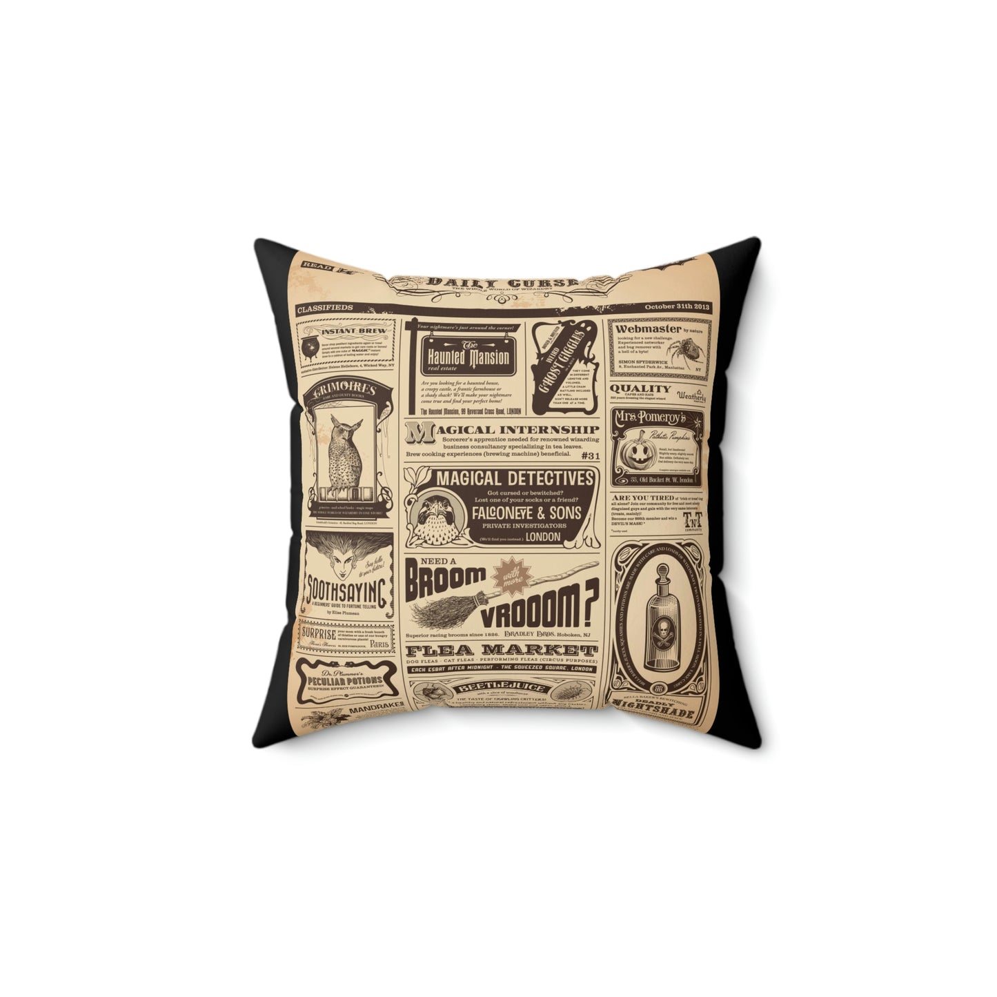 Spun Polyester Square Pillow Halloween newspaper with magical classifieds