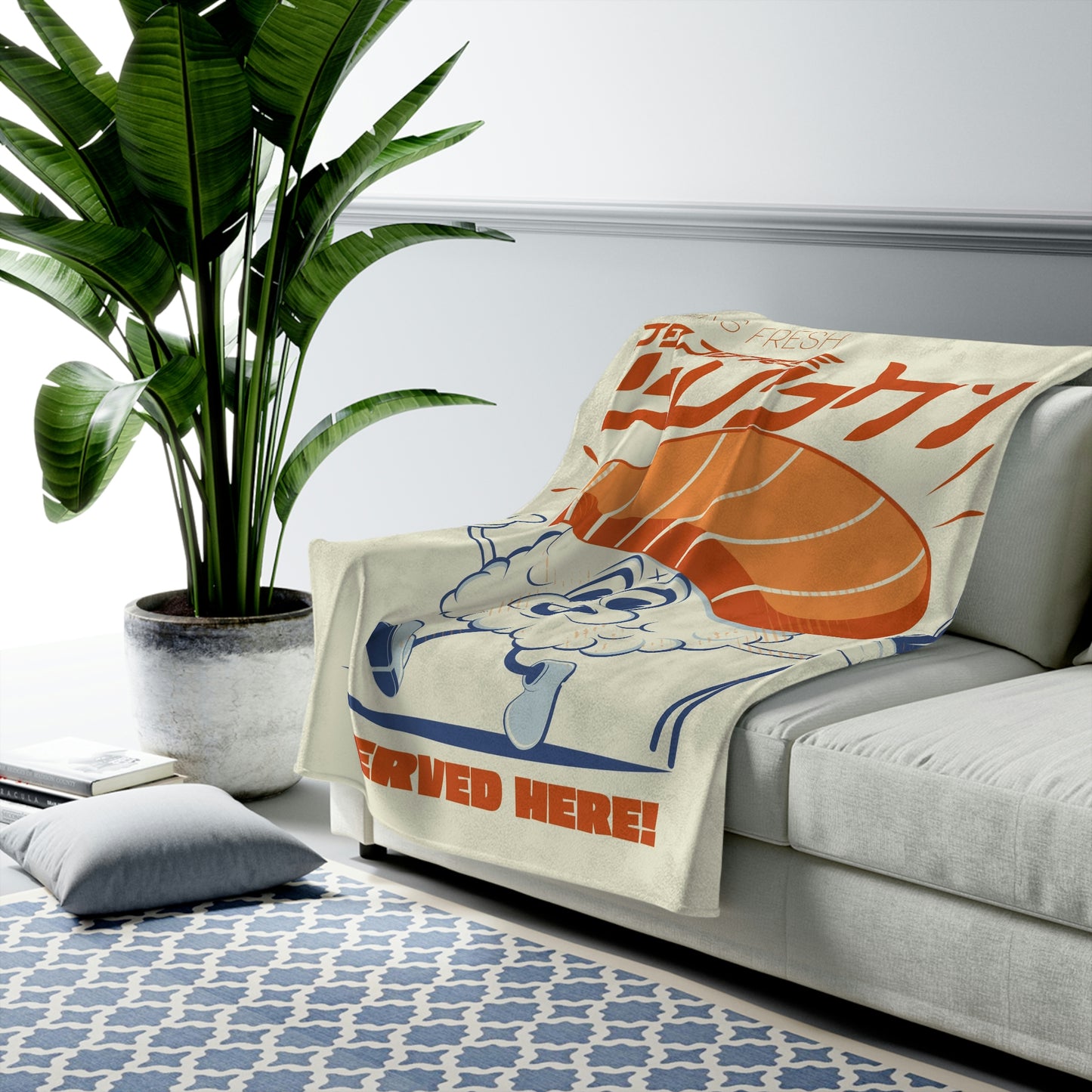 Velveteen Plush Blanket retro logo of a cartoon sushi mascot