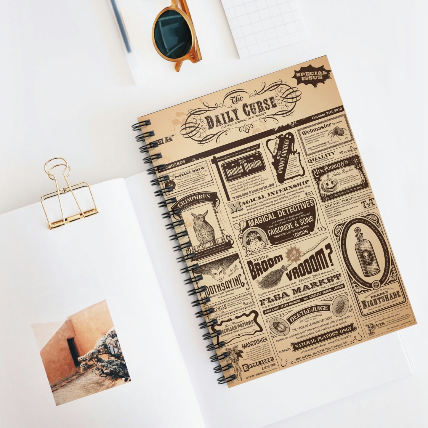 Spiral Notebook - Halloween newspaper with magical classifieds