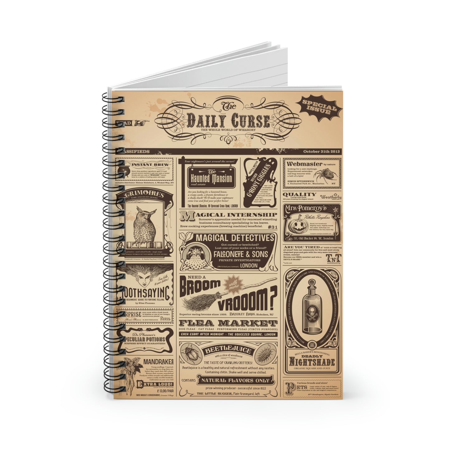 Spiral Notebook - Halloween newspaper with magical classifieds