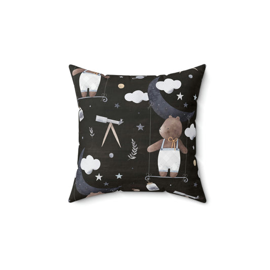 Spun Polyester Square Pillow A cute bear cub flies in space among the stars