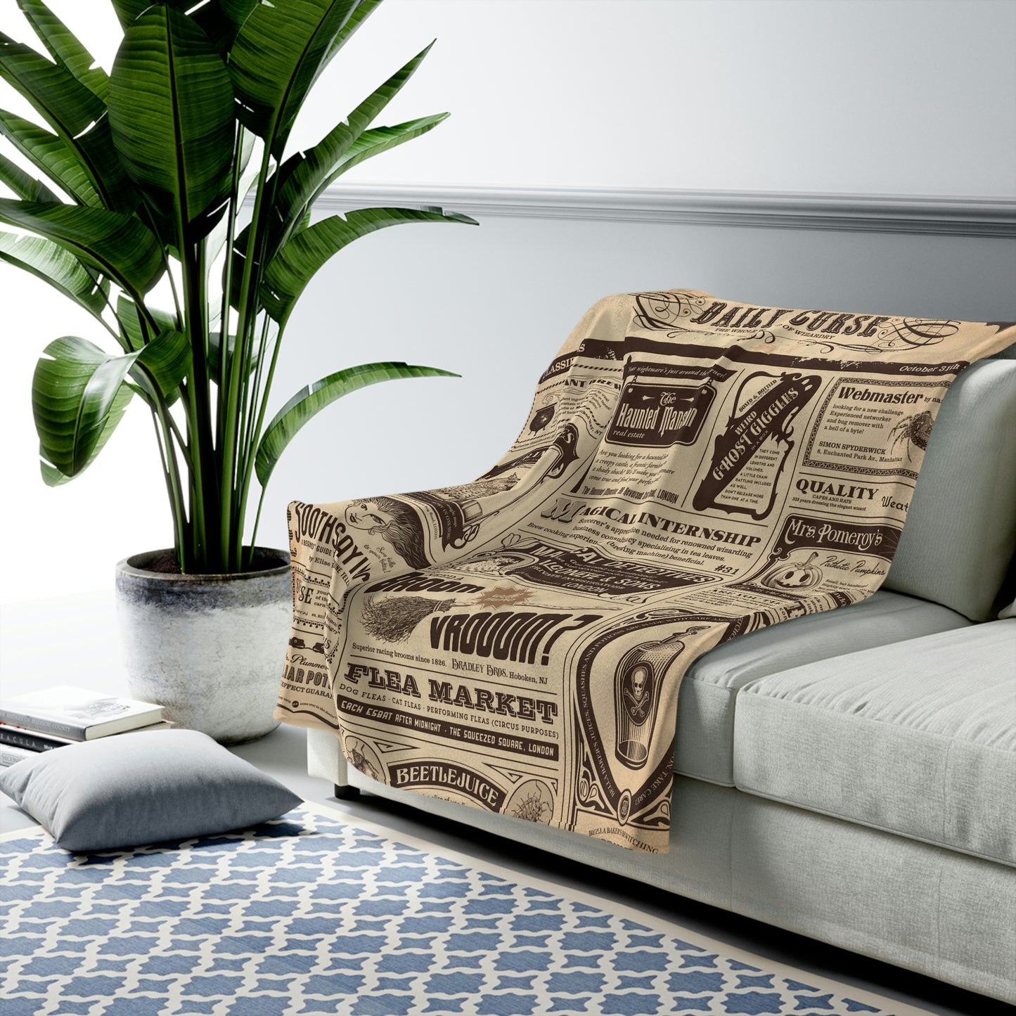 Velveteen Plush Blanket Halloween newspaper with magical classifieds