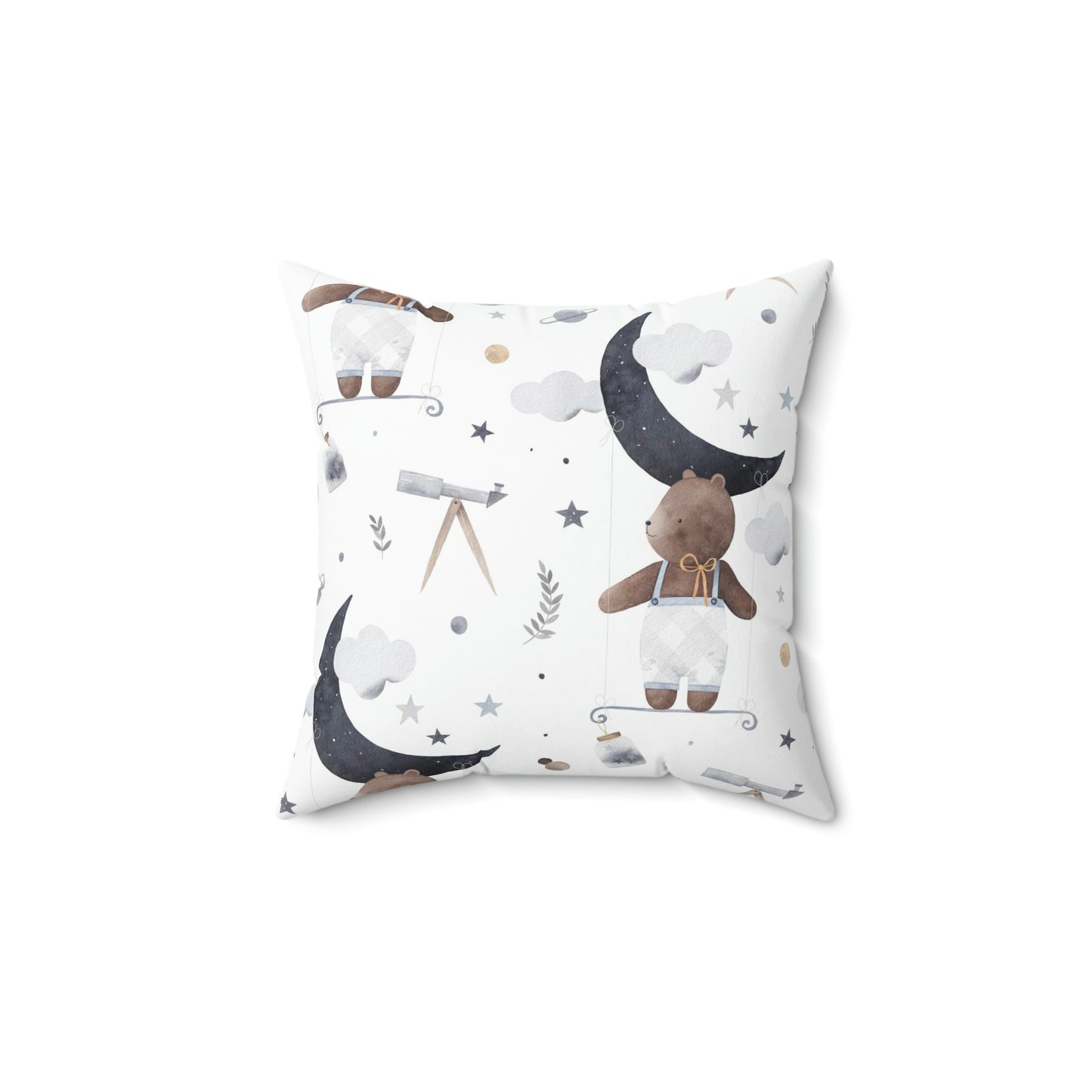 Spun Polyester Square Pillow A cute bear cub flies in space